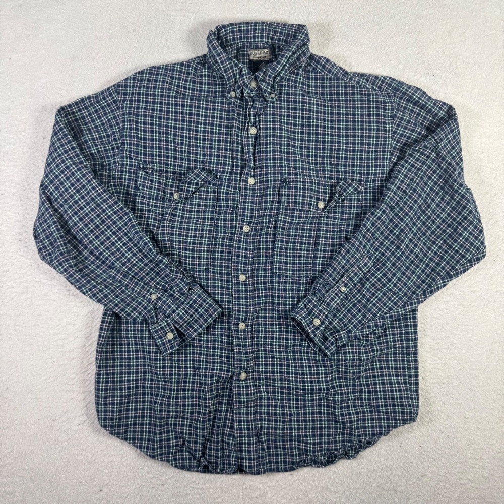 Bugle Boy Plaid Button Down Shirt Mens Large Navy Green Long Sleeve Excellent